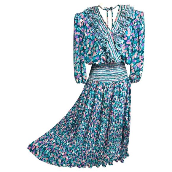 VTG Neiman Marcus Susan Freis Ruffle Collar Pleated Long Sleeve Dress Size Large - Picture 1 of 10